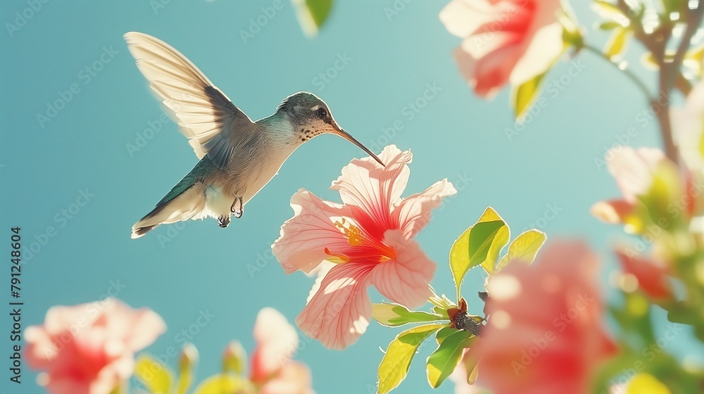 Fototapeta premium Hummingbird Feeding on Pink Hibiscus Flower. Delicate hummingbird in flight sips nectar from a vibrant pink hibiscus flower against a clear sky.