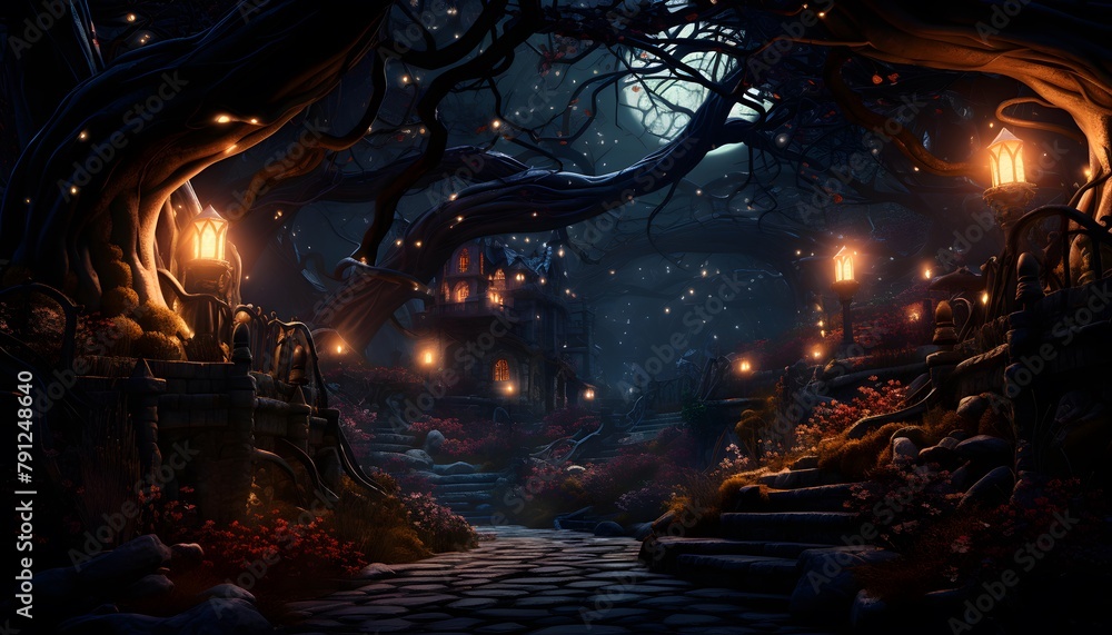 3D illustration of a dark halloween background with a big scary tree and a full moon