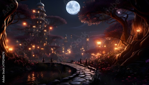 Fantasy landscape with a full moon in the night sky. 3d rendering