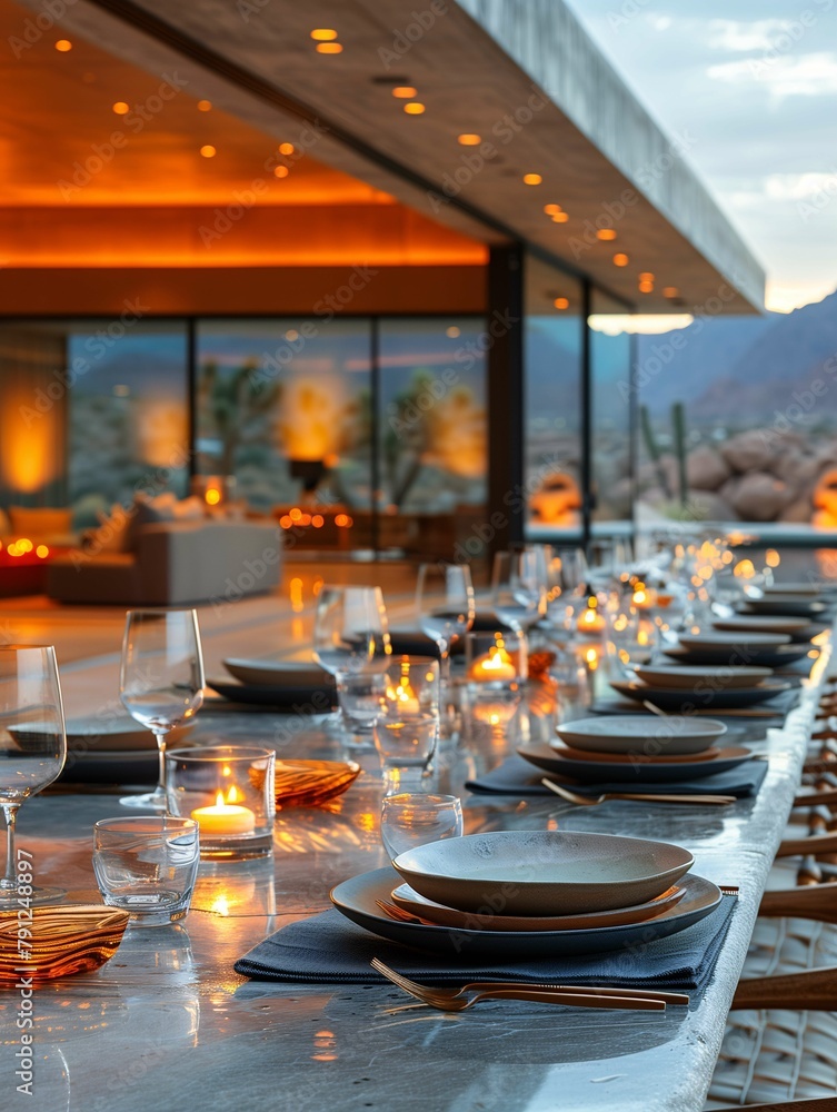 Elegant Outdoor Dining Table Setting at Sunset with Mountain View