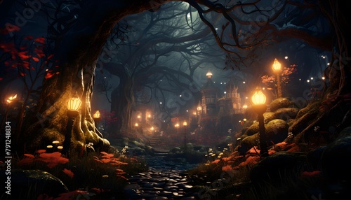 Mysterious dark forest in the night. 3D illustration.