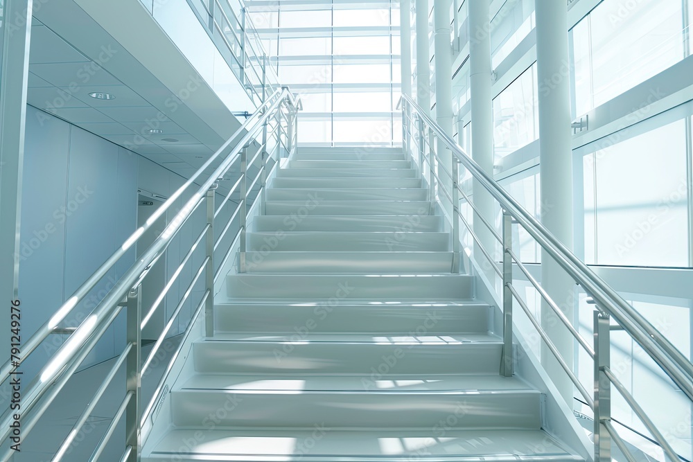 Bright and airy modern office staircase bathed in natural sunlight, featuring clean lines and transparent elements.