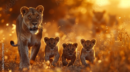 Lioness and Cubs Walking at Sunrise. Lioness leads her cubs through the savannah, with the golden light of sunrise casting a warm glow over the scene.