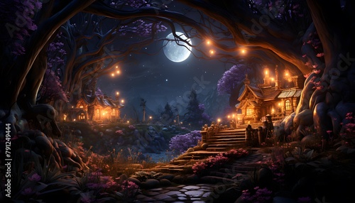 Fantasy castle at night in full moon light. 3d rendering