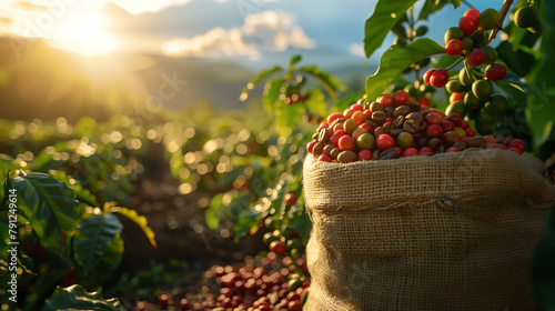 A burlap sack overflowing with ripe coffee beans, set in a sunlit field of coffee plants. Scene of harvest time with the vibrant green leaves and ripe coffee beans in the background. photo