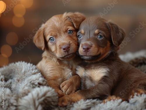 Two cute puppies cuddling on a blanket