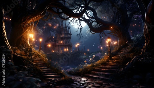 Halloween background with old castle in the forest. 3d rendering