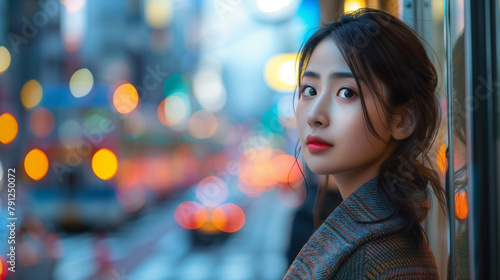 A gorgeous young woman sets off for work in Tokyo's early hours, her stylish attire harmonizing with the city's architectural beauty and vibrant streetscape.