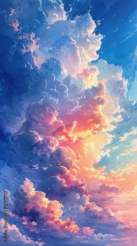 Hand painted watercolor sky cloud background with a pastel colored , Summer Cloudy Sky, The vast blue sky and clouds sky abstract background.Sky and clouds © PX Studio