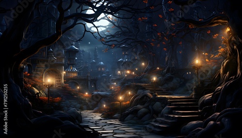 Mysterious dark forest at night 3D rendering illustration. Dark forest with lighted path, trees and lanterns