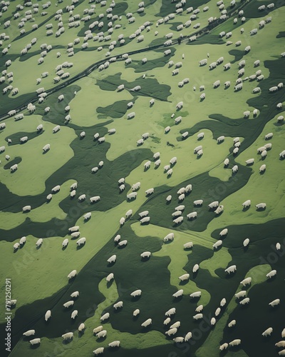 Aerial view of sheep scattered across a patchwork of green fields  highlighting the pattern of agricultural land use
