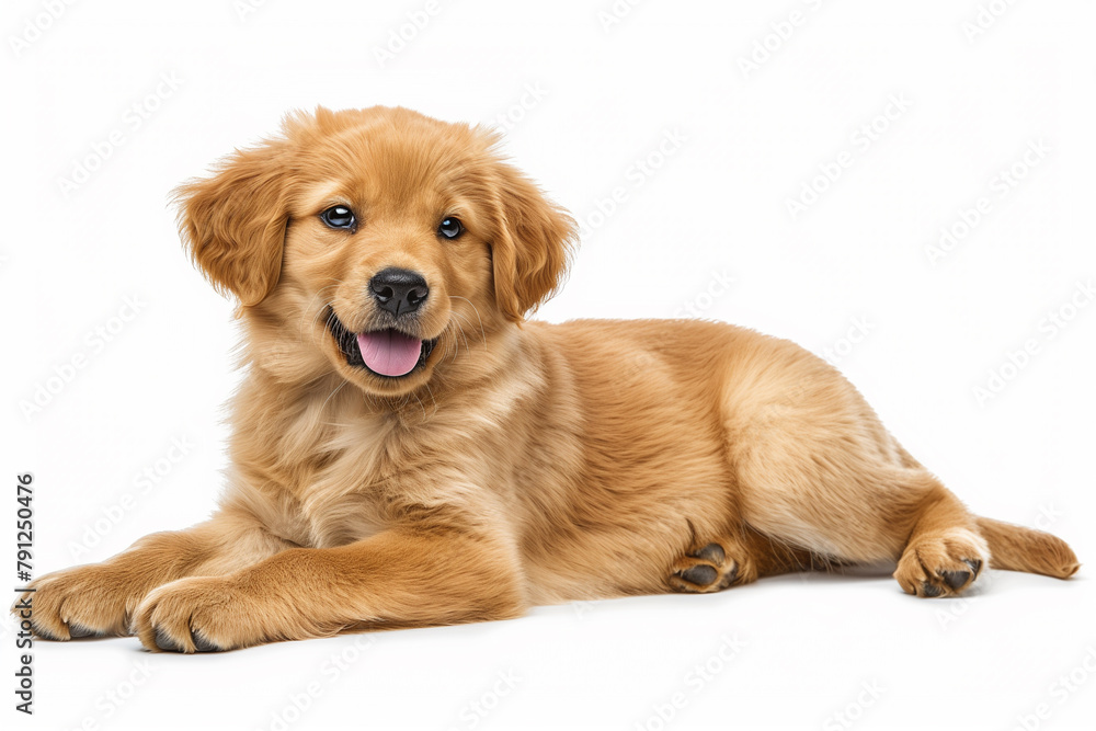 The charming golden retriever puppy reclines gracefully on a plain white surface. The charming golden retriever puppy reclines gracefully on a plain white surface.
