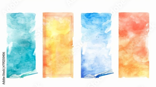 A set of blank mockup bookmarks with famous book quotes and watercolor backgrounds. . photo