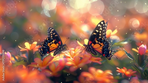 Butterflies Fluttering Over Vibrant Flowers. Delicate butterflies with striking patterns flutter above vibrant flowers on a dreamy, sunlit day. © Old Man Stocker