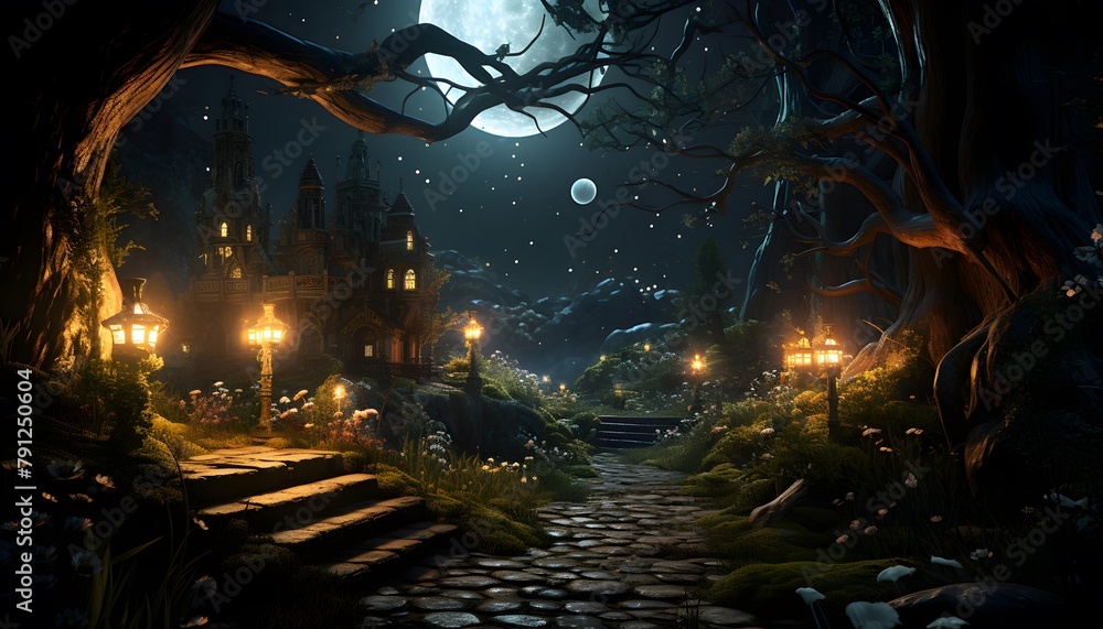 3D illustration of a fantasy night landscape with a path leading to a magical forest.