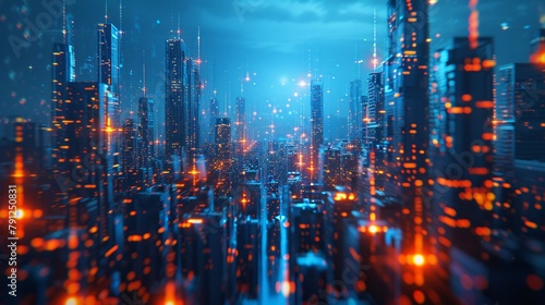 Futuristic city skyline with AI-driven tech, dusk lighting, aerial view, vibrant colors,High quality photo for banner or cover design. ,copy space, high resolution, on white definition photography ,Hi
