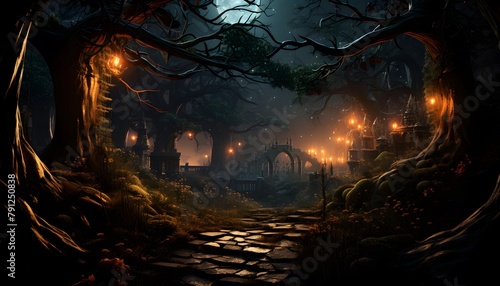 Mysterious halloween background with spooky dark forest, 3d render