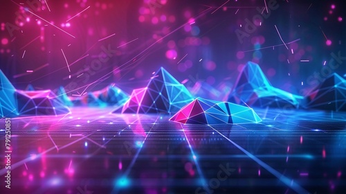 Abstract background with a futuristic neon blue and purple glow, low poly design with triangles on the edges of the screen The central part is an empty grid floor illuminated