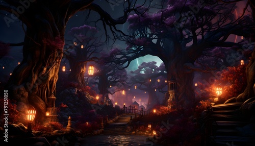 Halloween background with spooky tree and full moon. 3d rendering