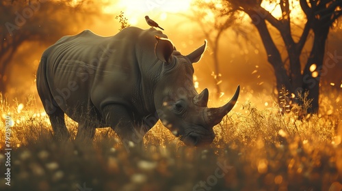 Rhino with Oxpecker in Golden Light. Solitary rhinoceros with an oxpecker on its back is bathed in the warm, golden light of dusk. photo