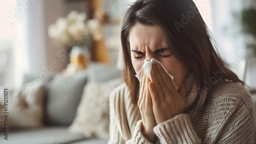 Woman with respiratory illness sneezing in living room possibly due to allergies. Concept Respiratory Illness, Allergies, Indoor Environment, Sneezing, Health Concerns photo