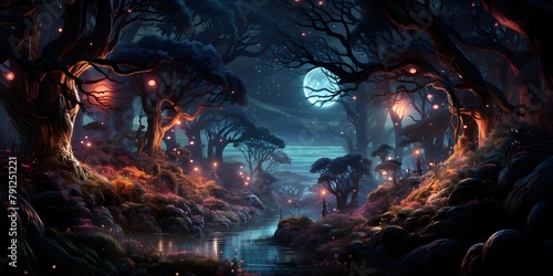 Fantasy landscape with dead trees and full moon. 3d illustration