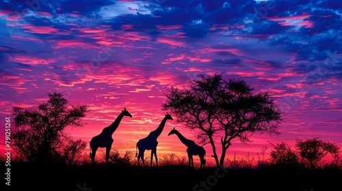 Giraffes Silhouetted Against African Sunset. Silhouettes of giraffes stand tall against the vibrant colors of an African sunset, creating a serene scene.