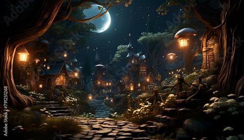 Fantasy landscape with a dark forest and a full moon. 3d rendering