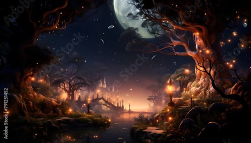 Fantasy landscape with tree and full moon. 3D illustration.