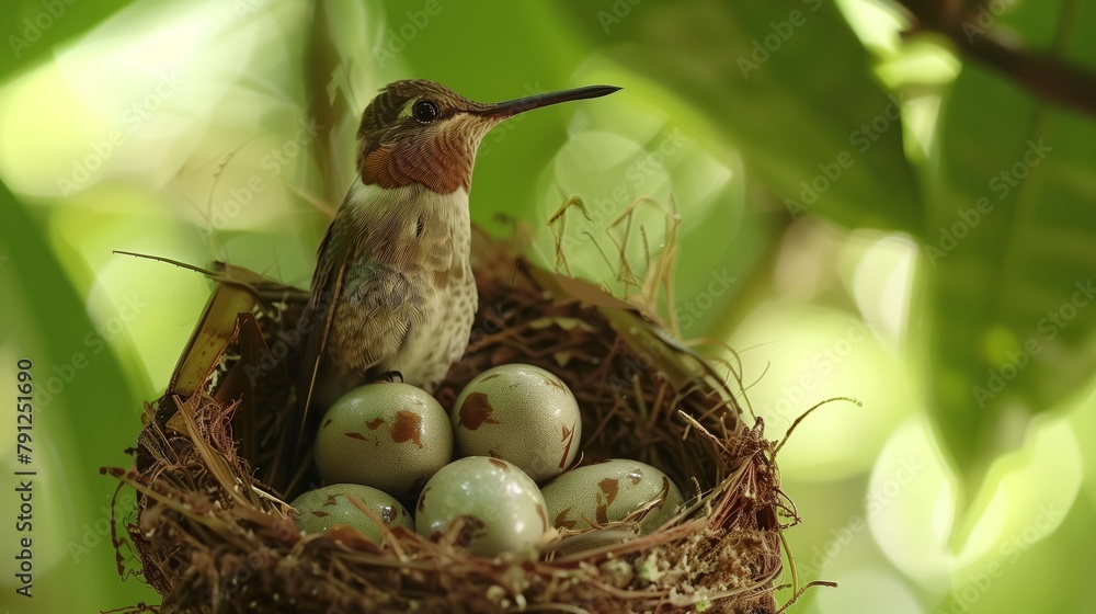 Naklejka premium Hummingbird Guarding Nest with Eggs. Vigilant hummingbird perches protectively by its nest, overseeing the precious eggs nestled within the branches.