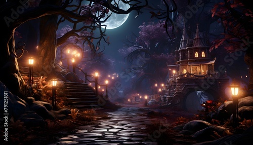 Illustration of a witch's house in the forest at night.