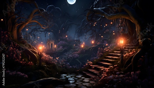 3D illustration of a spooky halloween background with a haunted house in the forest