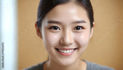 Portrait of a Cheerful Asian Japanese  Korean young woman  girl. close-up. smiling. at home  indoor.  
