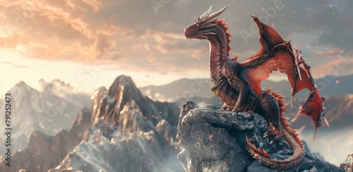 Blank mockup of a majestic dragon perched atop a mountain with intricate scales and fiery eyes for an eyecatching centerpiece in your aquarium. . photo