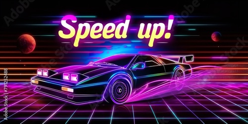 An illustration of a car with written Speed Up over it with a big space for text or product advertisement backdrop with vibrant neon light background, Generative AI.