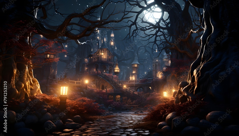 Scary halloween dark forest with fog and full moon. 3d rendering