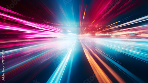 Futuristic cityscape blurry light trailing into abstract cityscape at night. speed of light or speed in motion blur A blurry cityscape with neon lights and a red