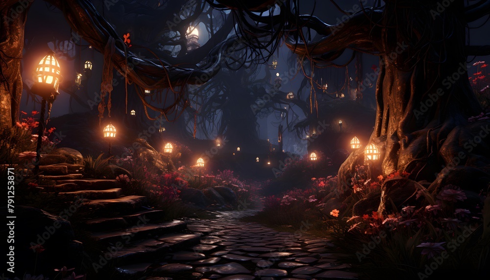 Illuminated path in the forest with glowing lanterns, 3d rendering