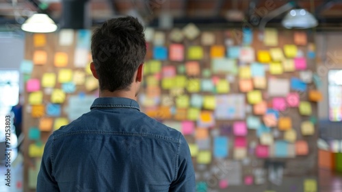 A blurred background of a man standing in front of a large bulletin board filled with colorful notes representing his active involvement in personal development workshops and seminars. .