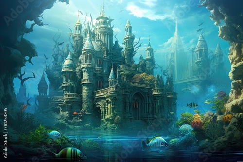 Underwater Palace: A castle beneath the sea with marine life swimming around. © OhmArt