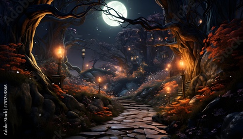 Fantasy dark forest with full moon. 3D Rendering.