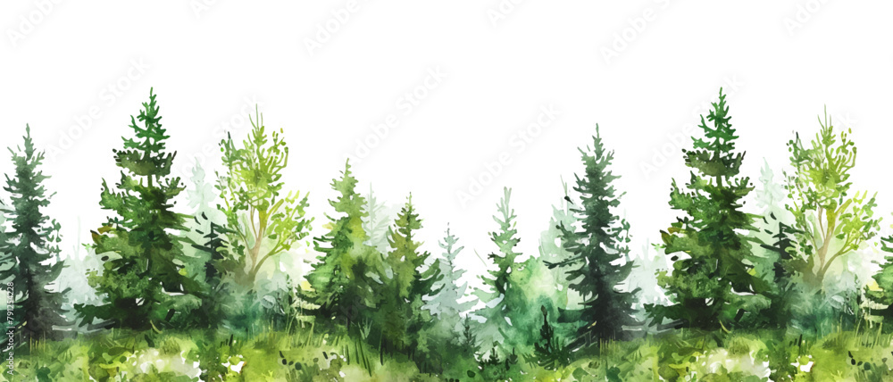 watercolor green pine forest landscape banner - obrazy, fototapety, plakaty 