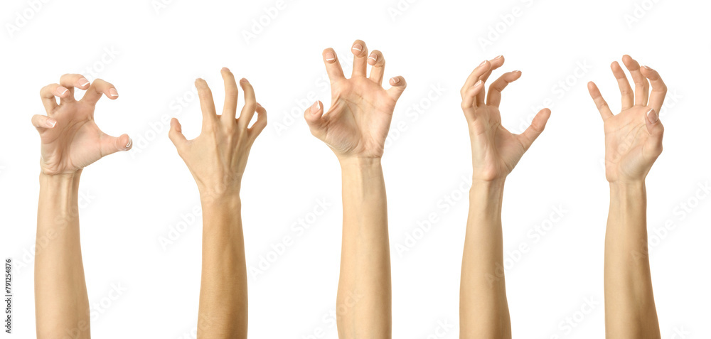 Scratch, catch or grab something. Multiple images set of female caucasian hand with french manicure showing Scratch gesture Scratch, catch or grab something. Multiple images set of female caucasian hand with french manicure showing Scratch gesture