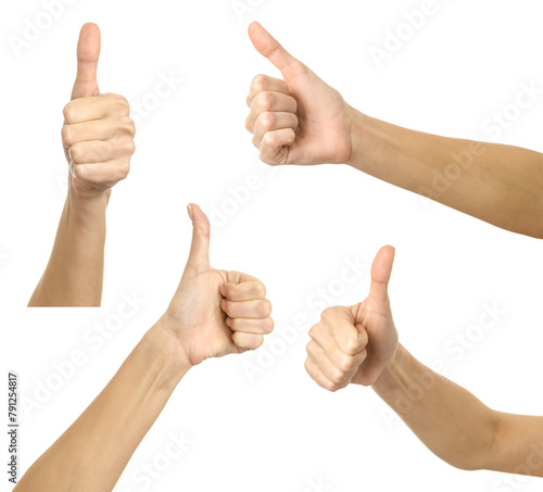 Thumbs Up. Multiple images set of female caucasian hand with french manicure showing Thumbs Up gesture