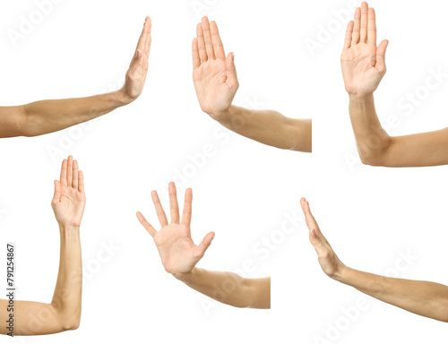 Stop gesture. Multiple images set of female caucasian hand with french manicure showing Stop gesture
