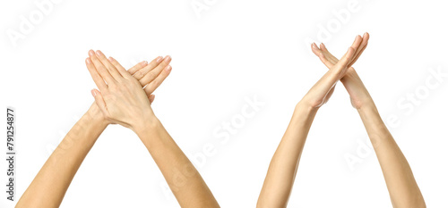 Hands crossed. Multiple images set of female caucasian hand with french manicure showing Hands crossed gesture