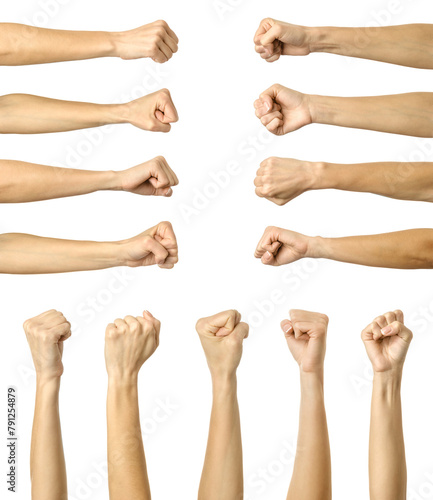 Fist. Multiple images set of female caucasian hand with french manicure showing fist gesture
