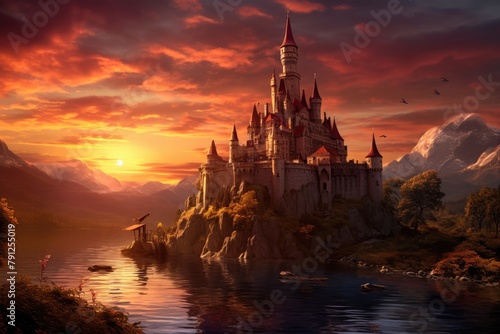 Sunset Serenity: The castle in the warm hues of a peaceful sunset. © OhmArt