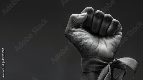 Closeup of a clenched fist with a ribbon tied around it a symbol of the ongoing struggle for justice and resistance against oppressive systems and structures. .