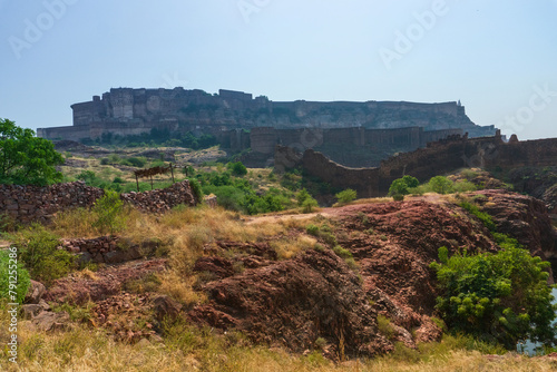 View of Mehrangarh fort from Rao Jodha desert rock park, Jodhpur, India. Desert rocks in foreground and Mehrangarh fort in the background, with rocky landscape of the desert park.